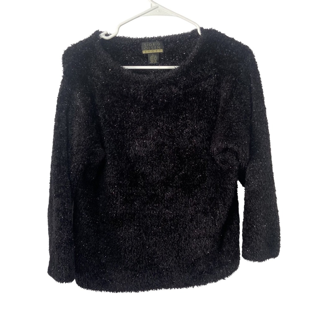 Sigrid Olsen Sport Black Eyelash Knit‎ Sweater Womens Large Fuzzy Sparkle